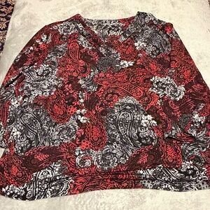 Allison Daley Red and Black Paisley Blouse Petite Large 3/4 Sleeve